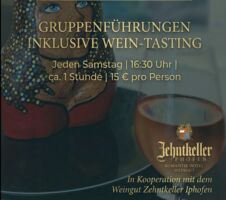 Jeden Samstag um 16:30 Uhr öffnet die Galerie ihre Räume für eine kostenlose Gruppenführung inklusive Wein-Tasting in Kooperation mit dem Weingut Zehntkeller aus Iphofen.